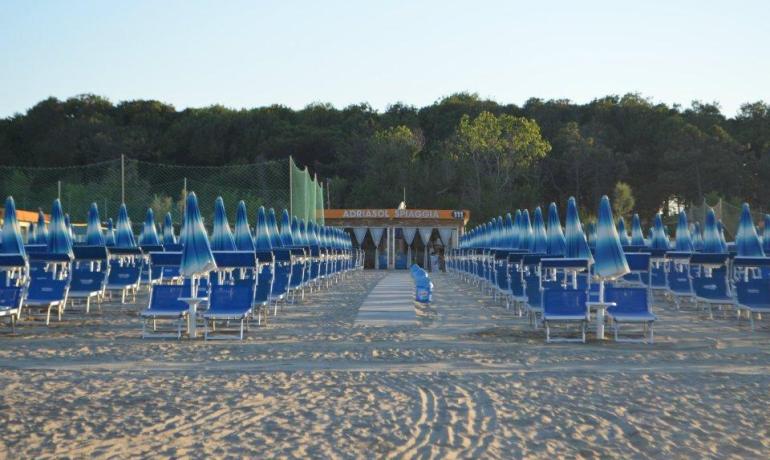 Spiaggia con ombrelloni blu allineati e vegetazione sullo sfondo.